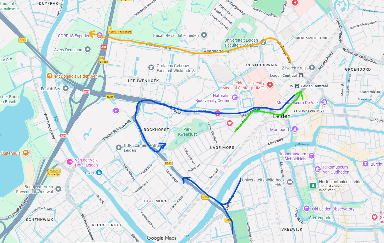 Kaartje rijdroute van station richting Lage Mors